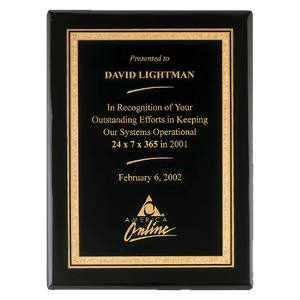 Black Piano Finish Plaque with Gold 7" x 9" Airflyte Premium Florentine Border LaserFX Plate