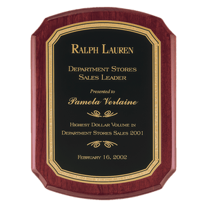 Rosewood Piano Finish Plaque with Black/Gold 8" x 10 1/2" Airflyte Florentine Border LaserFX Plate