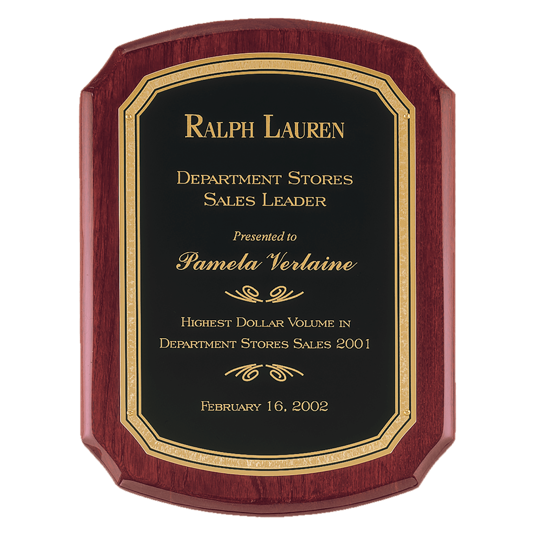 101/2" x 13" Airflyte Rosewood Piano Finish Plaque with Black/Gold Florentine Border LaserFX Plate