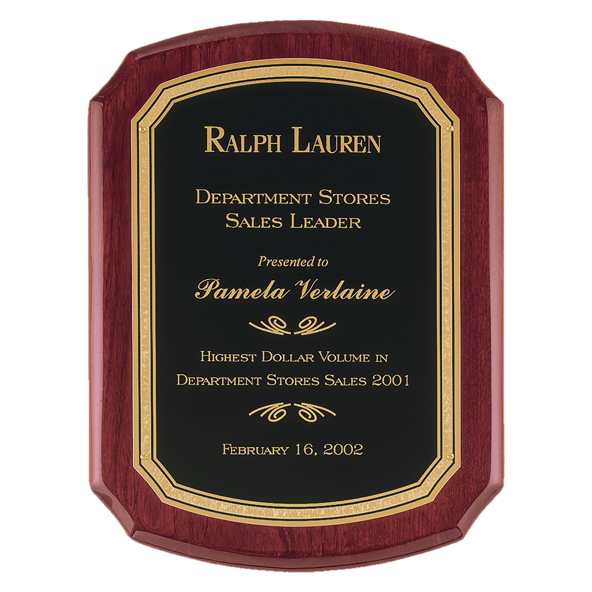 101/2" x 13" Airflyte Rosewood Piano Finish Plaque with Black/Gold Florentine Border LaserFX Plate