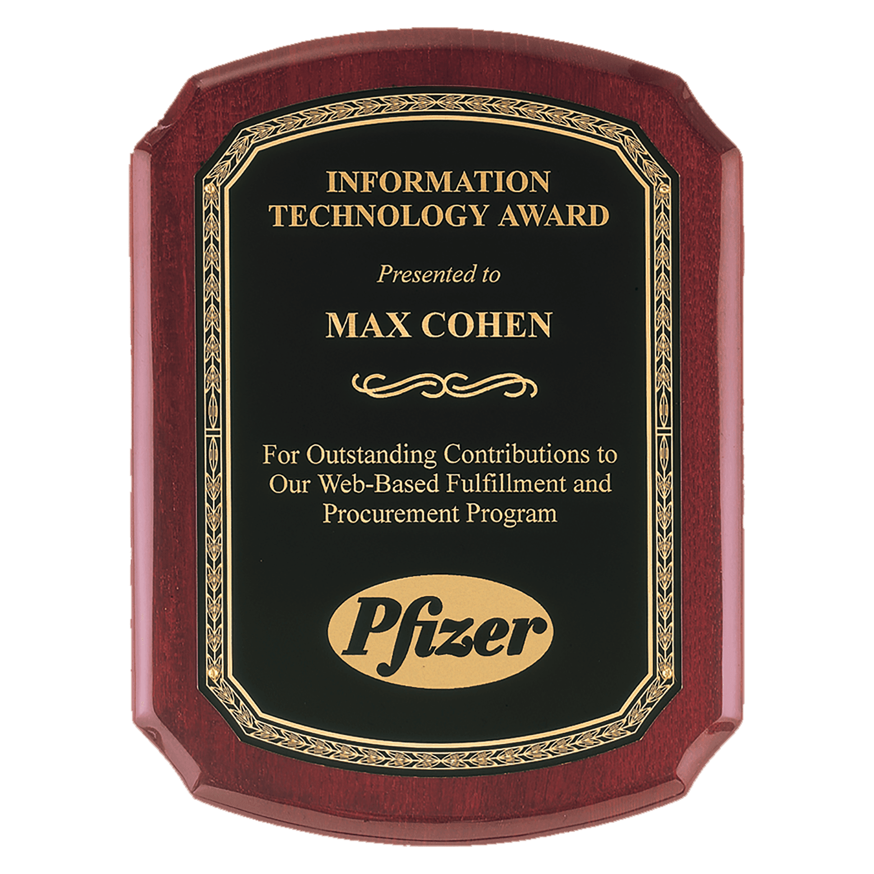 10 1/2" x 13" Airflyte Rosewood Piano Finish Plaque with Black Florentine Gold LaserFX Plate