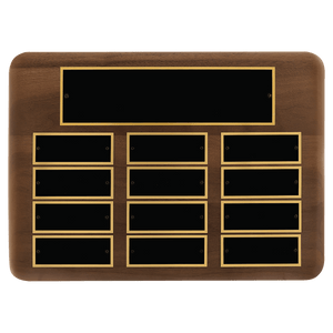 Walnut 12 Plate Perpetual Plaque with Black Brass 11" x 15"/Plates 1 1/2" x 3 3/4" American Plates