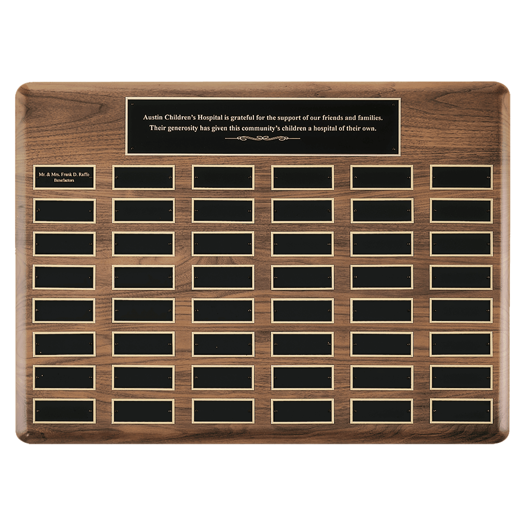 Walnut 36 Plate Perpetual Plaque with Black Brass 22" x 30"/Plates 1 1/2" x 3 3/4" American Plates