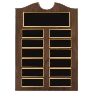 Walnut 12 Plate Perpetual Plaque with Black Brass 2 11" x 15"/Plates 1 1/2" x 3 3/4" American Plates