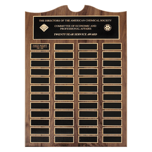 Walnut 48 Plate Perpetual Plaque with Black Brass 2 20" x 30"/Plates 1 1/2" x 3 3/4" American Plates