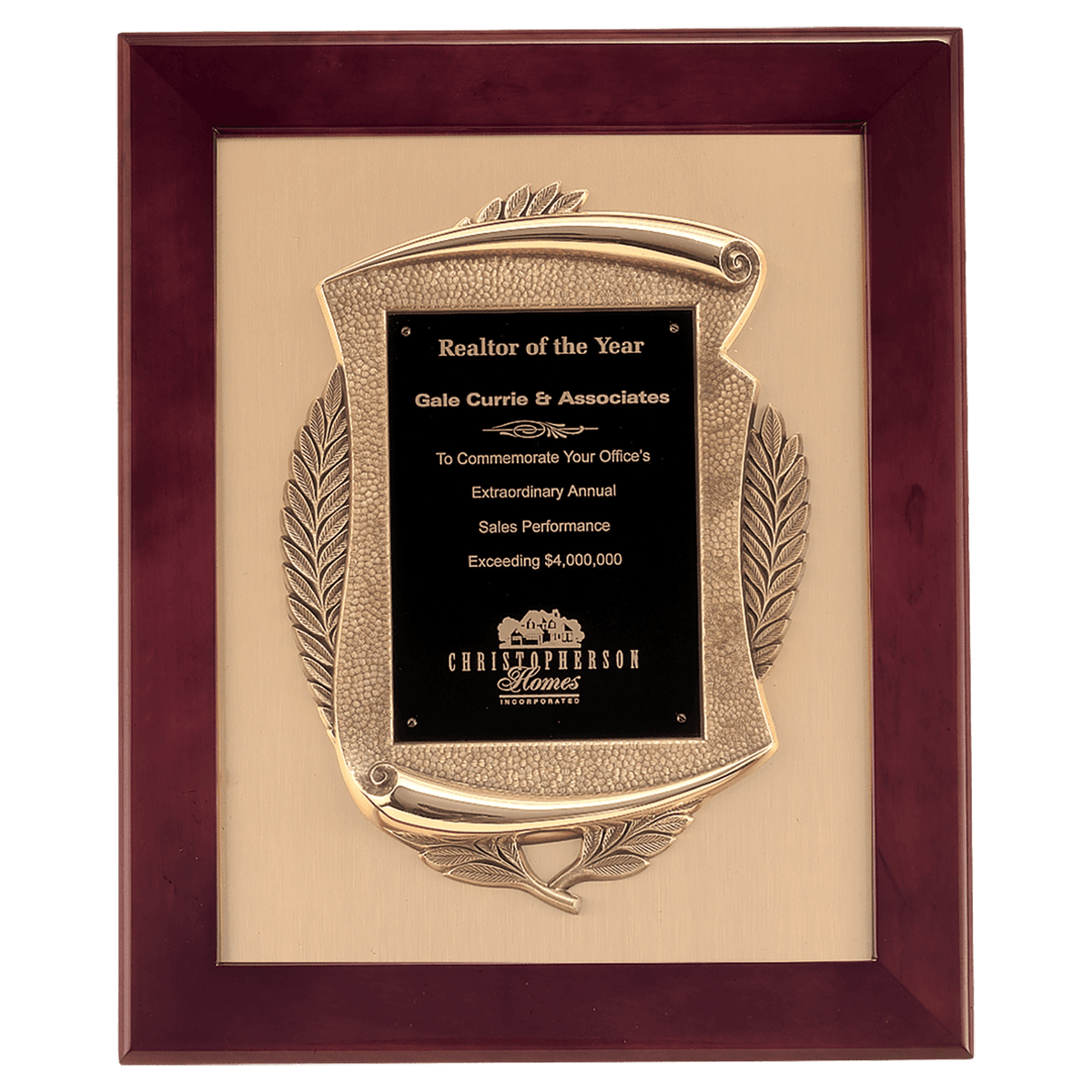 14" x 17" Rosewood Piano Finish Frame with Antique Bronze Casting          with Black LaserFX Plate on Brushed Gold Metal Background