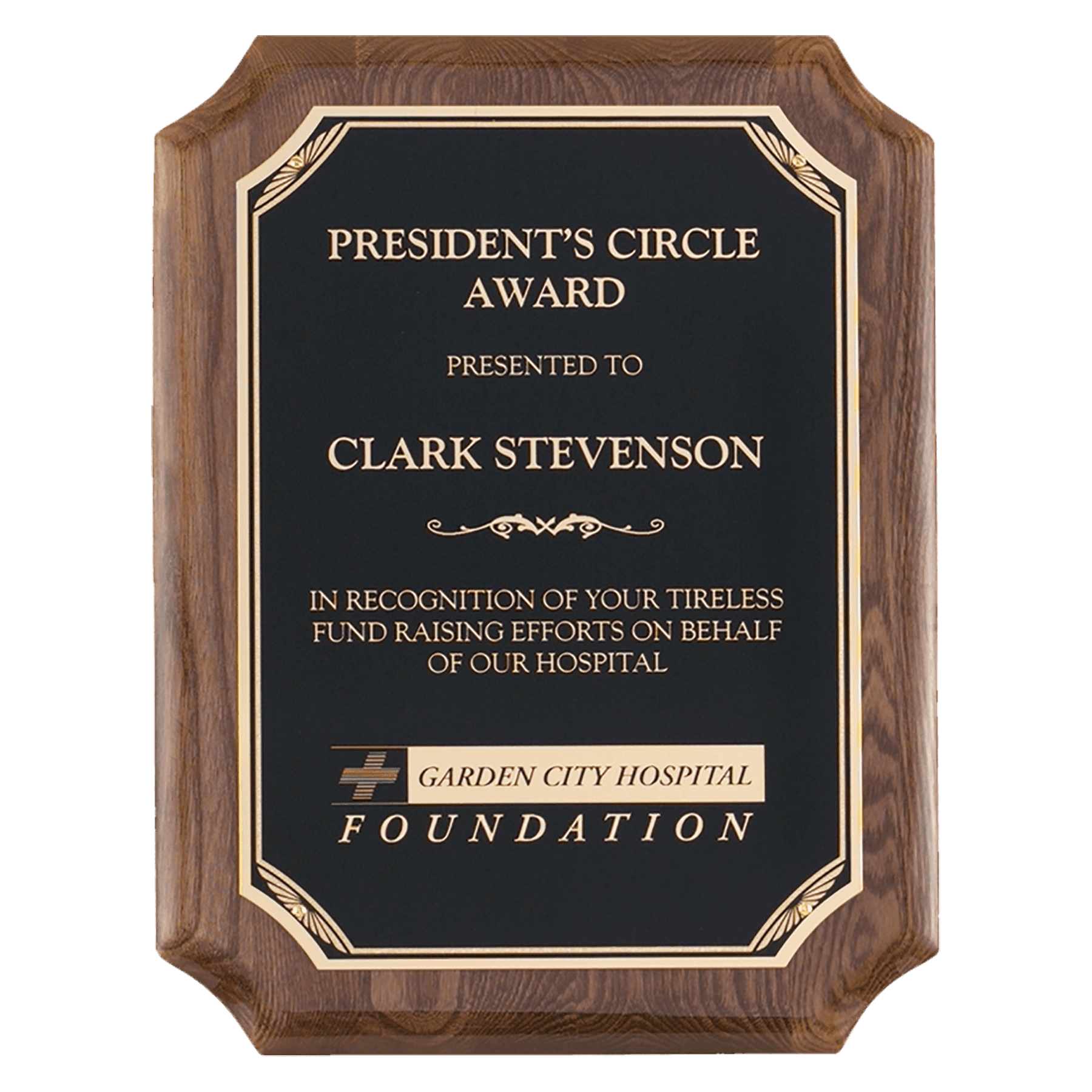 Walnut Piano Finish Plaque with Gold Florentine Border Black 7" x 9" Airflyte LaserFX Plate