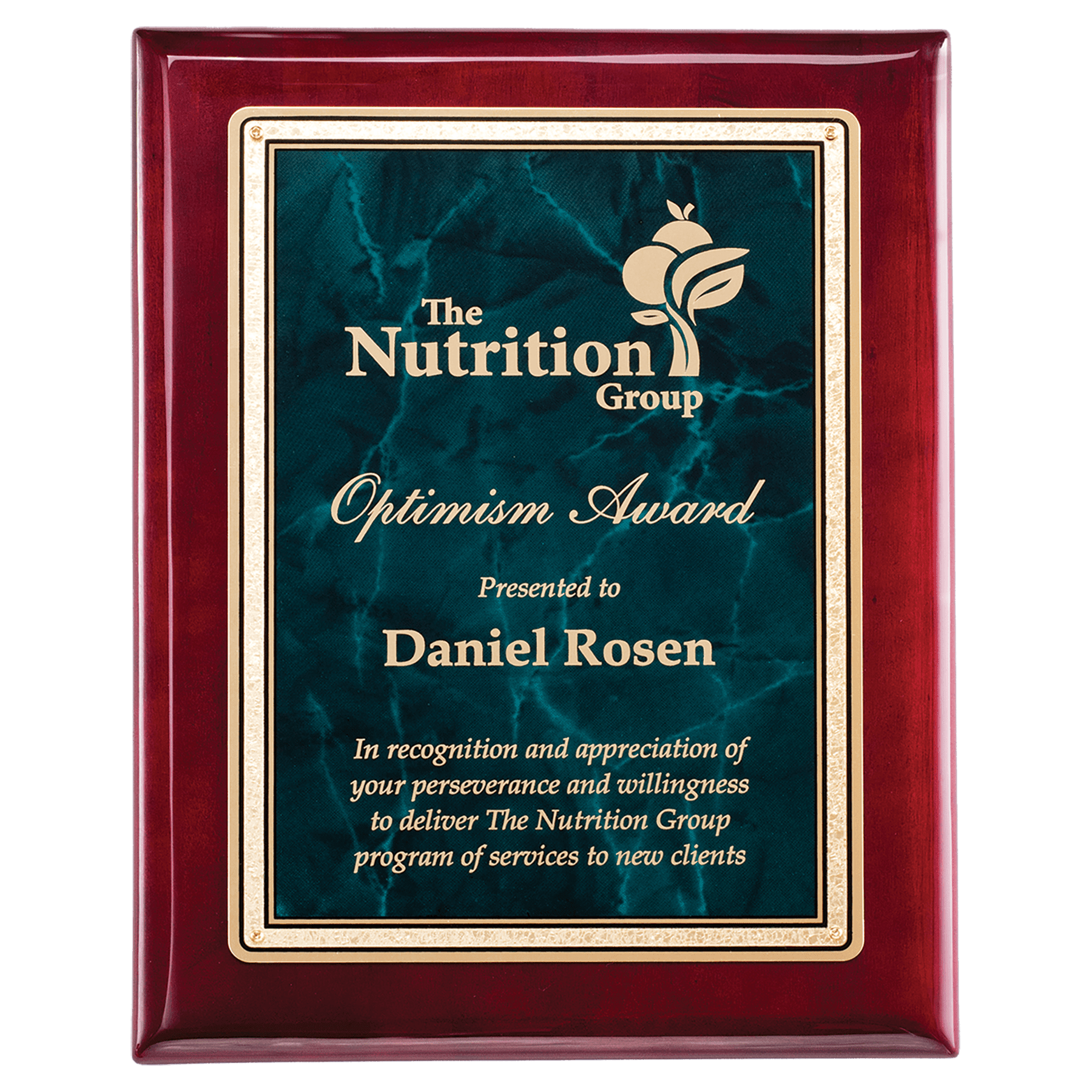 Rosewood Piano Finish Plaque with Emerald Marble/Gold 8" x 10" Florentine Design LaserFX Plate