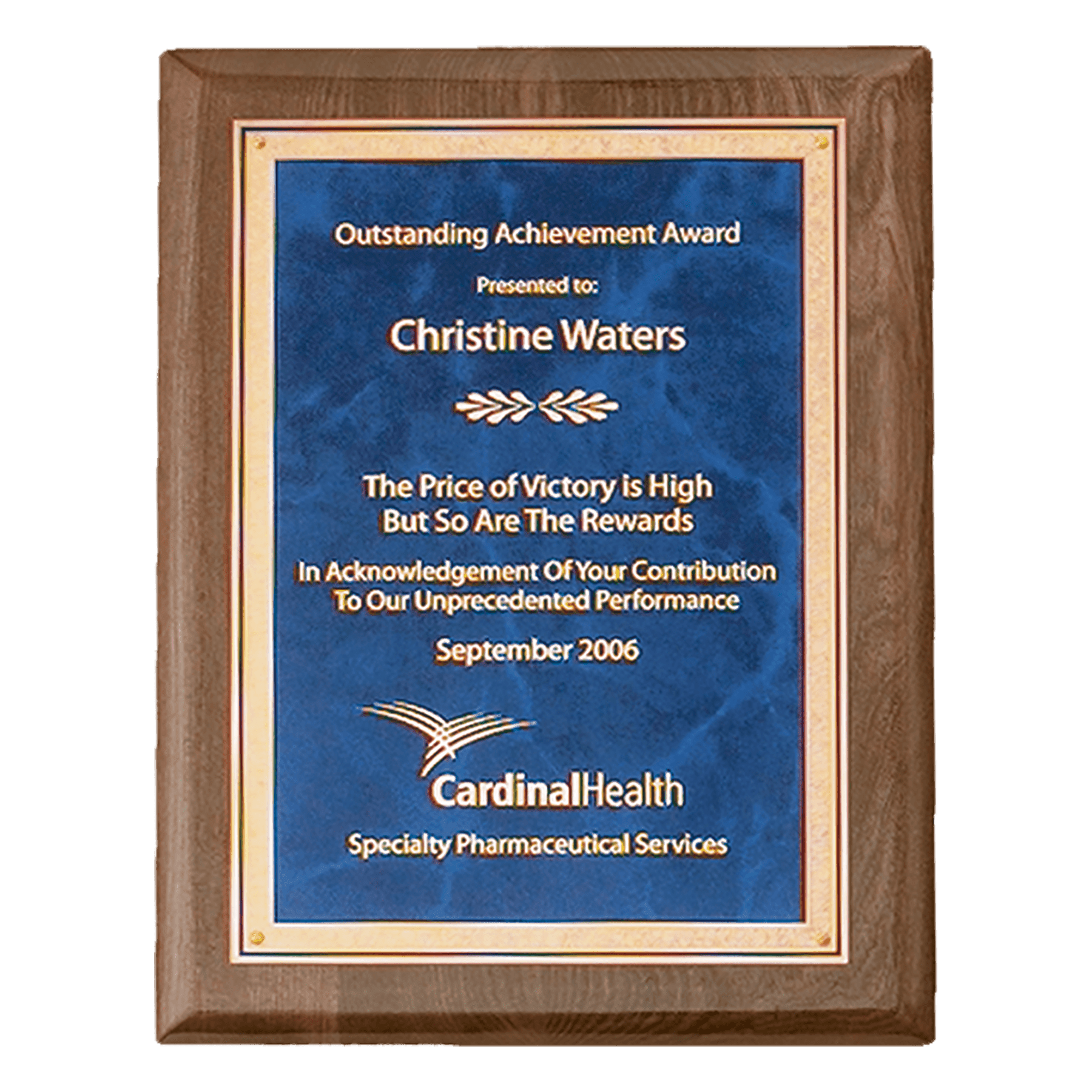 Walnut Piano Finish Plaque with Gold 7" x 9" Airflyte Premium Florentine Border Sapphire Marble LaserFX Plate