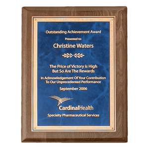 Walnut Piano Finish Plaque with Gold 7" x 9" Airflyte Premium Florentine Border Sapphire Marble LaserFX Plate