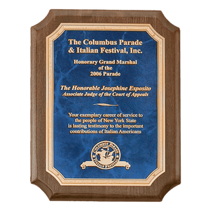 Walnut Piano Finish Plaque with Gold 2 7" x 9" Airflyte Premium Florentine Border Sapphire Marble LaserFX Plate