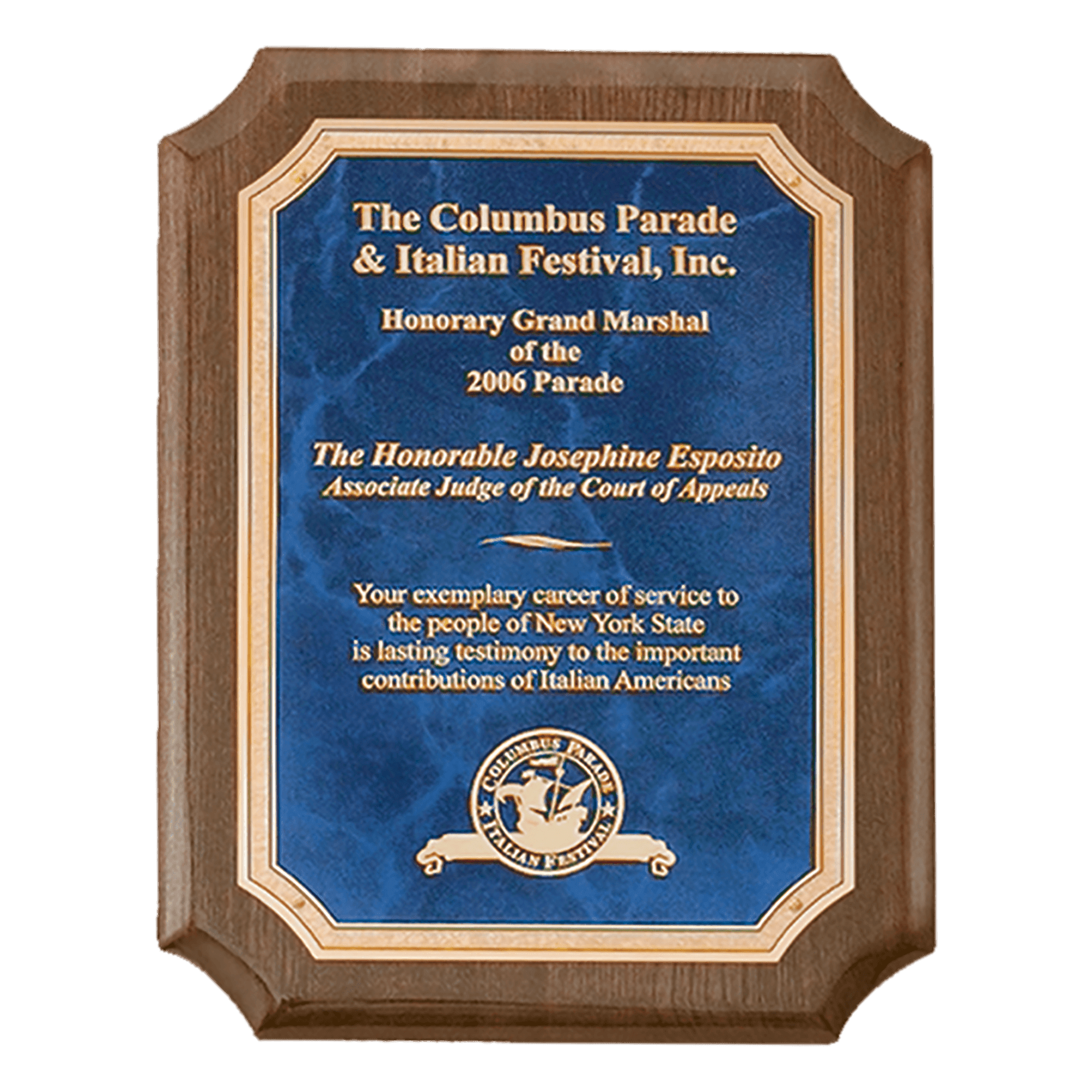 Walnut Piano Finish Plaque with Gold 2 8" x 10 1/2" Airflyte Premium Florentine Border Sapphire Marble LaserFX Plate
