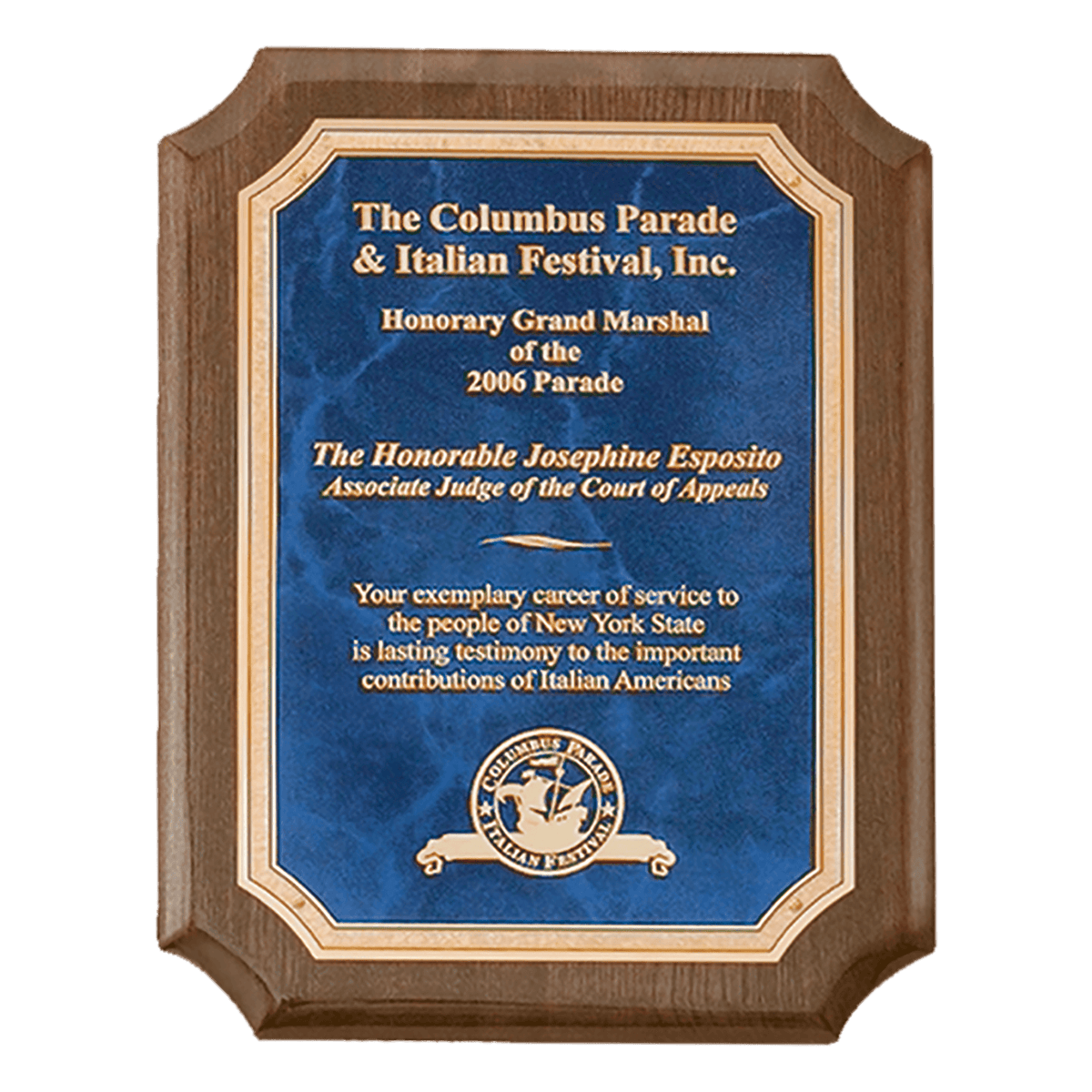 Walnut Piano Finish Plaque with Gold 2 9" x 12" Airflyte Premium Florentine Border Sapphire Marble LaserFX Plate