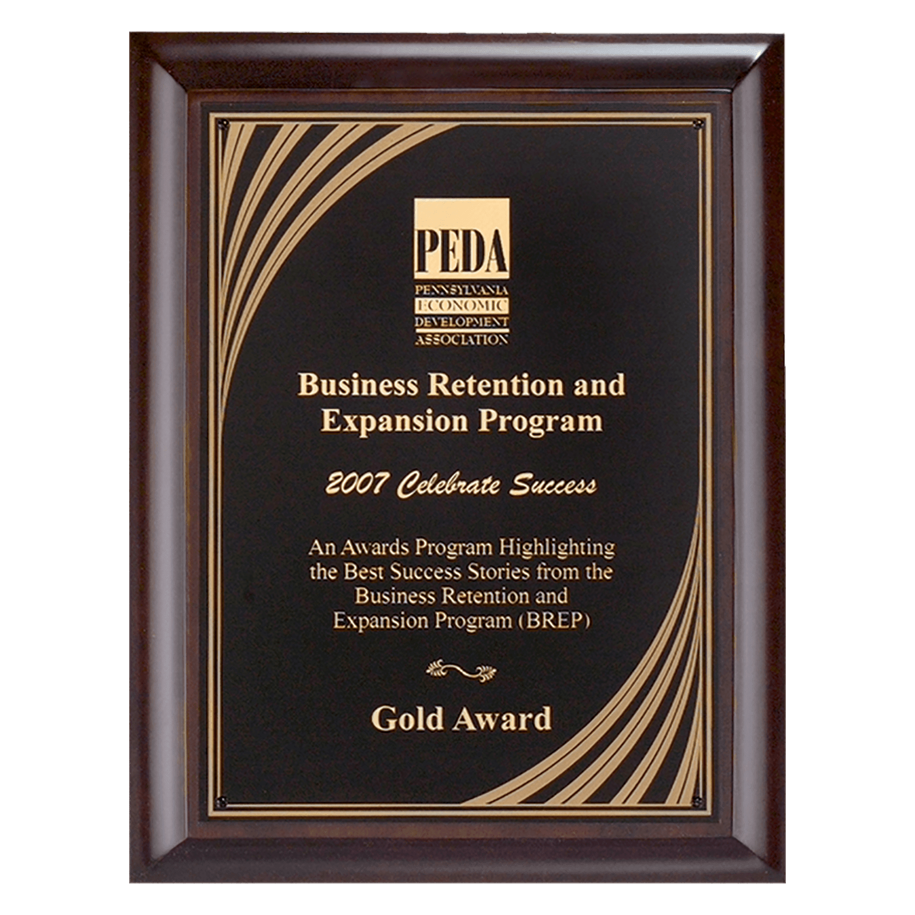 8" x 10" Hand Rubbed Cherry Finish Plaque with Cascading Gold Swirl Design Laserable Black Brass Plate