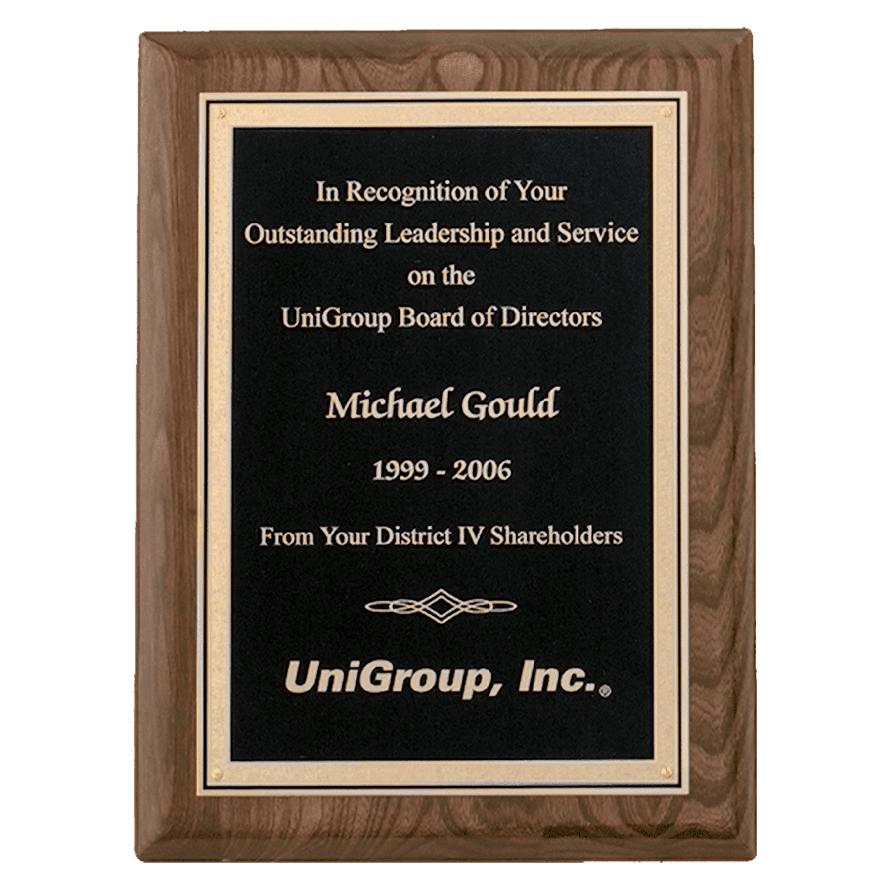 Walnut Piano Finish Plaque with Textured Black/Gold 9" x 12" Airflyte Florentine Border LaserFX Plate