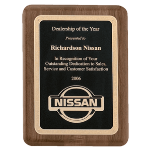 Walnut Piano Finish Plaque with Textured Black/Gold 8" x 10 1/2" Airflyte Florentine Border LaserFX Plate