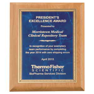 Alder Wood Plaque with Sapphire Marble Gold 8" x 10" Natural Florentine Bordered LaserFX Plate