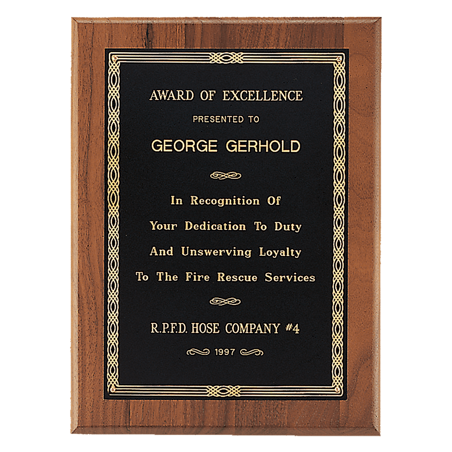 9" x 12" Jewelers Black Laserable Gold Border Plate on an American Walnut Plaque- Sheffield Series
