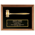 Gold Electrooplated Gavel in a Walnut Frame with Black Velour Background and Black Laserable Brass 10" x 13" plate