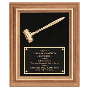 Gold Electroplated Gavel in a Walnut Frame with Black Velour Background and Black Laserable Brass 15" x 18" Plate