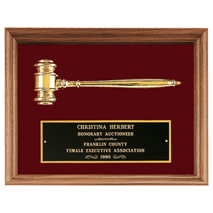 Gold Electroplated Gavel in a Walnut Frame with Maroon Velour Background and Black Laserable Brass 10" x 13" plate