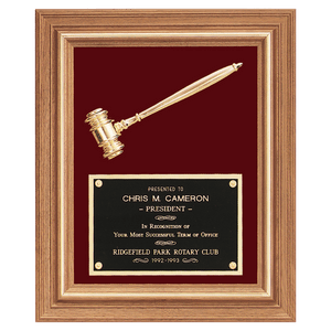 Gold Electroplated Gavel in a Walnut Frame with Maroon Velour Background and Black Laserable Brass 15" x 18" Plate