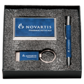 Blue Marbleized Leather Gift Set/Pen, Keychain, Business Card Holder