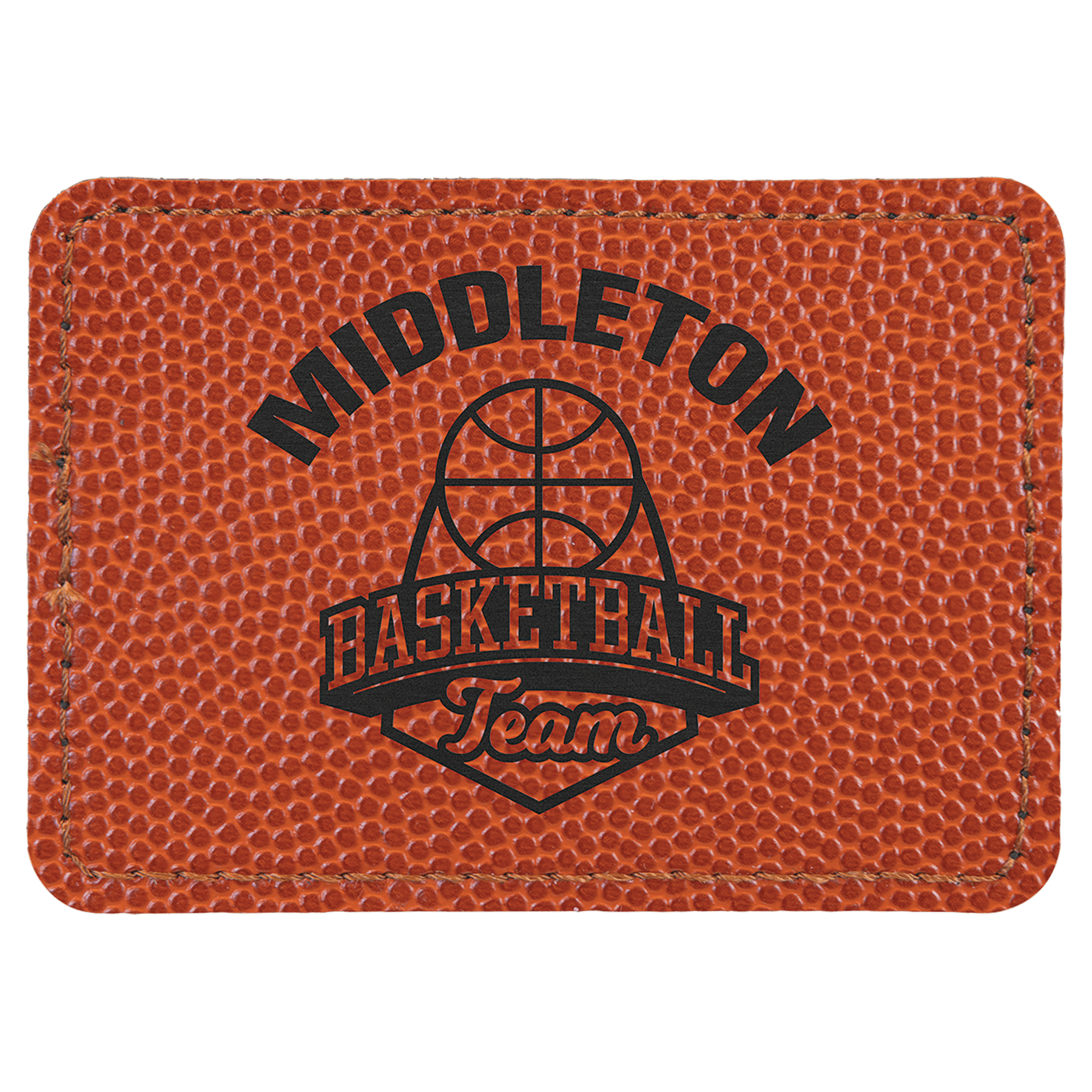 Basketball 3 1/2" x 2 1/2" Laserable Leatherette Rectangle Patch with Kota Pro Adhesive
