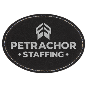 Black/Silver 3 1/2" x 2 1/2" Laserable Leatherette Oval Patch with Adhesive