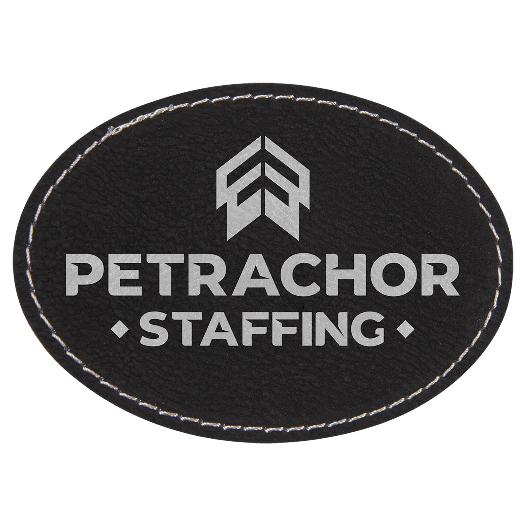 Black/Silver 3 1/2" x 2 1/2" Laserable Leatherette Oval Patch with Kota Pro Adhesive