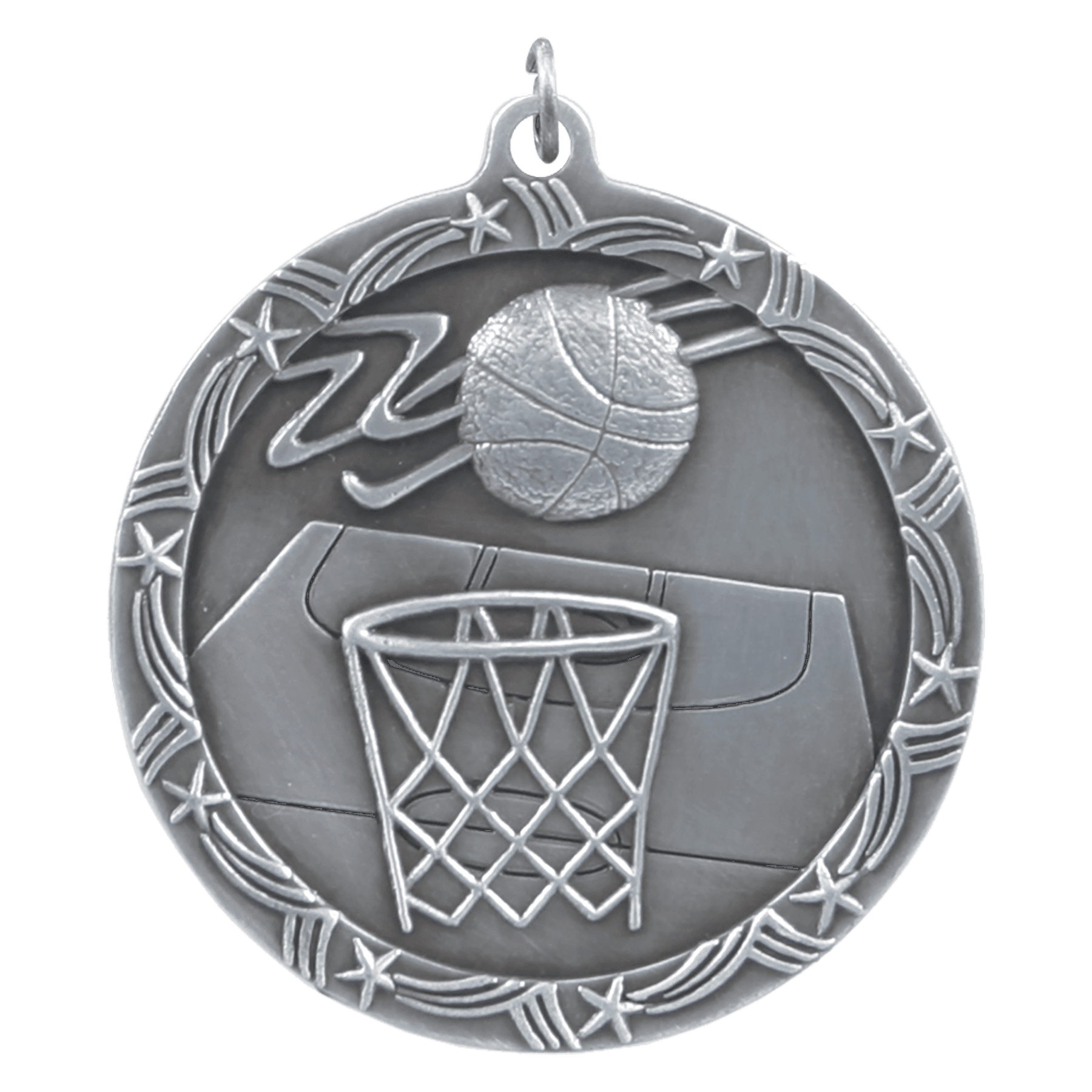Antique Silver 2 1/2" Basketball Shooting Star Medal
