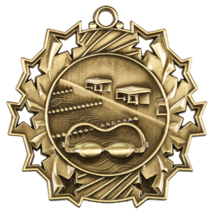 Antique Gold 2 1/4" Swimming Ten Star Medal