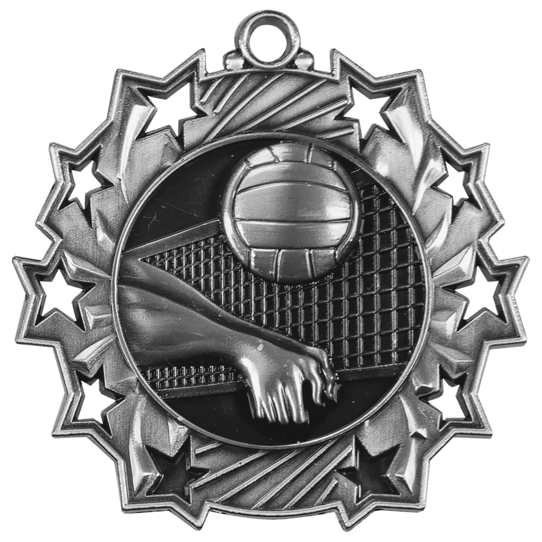 Antique Silver 2 1/4" Volleyball Ten Star Medal