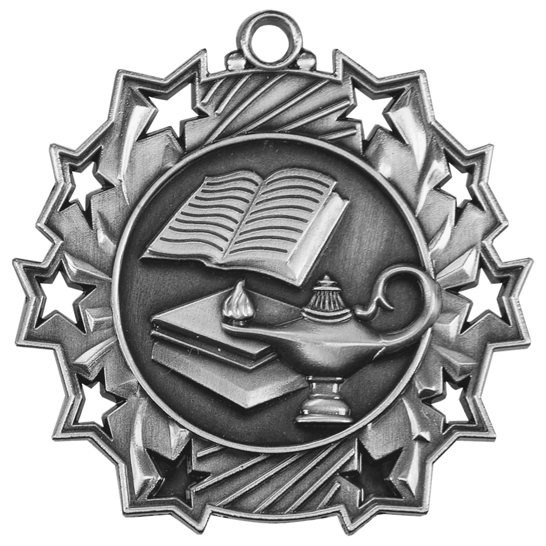 Antique Silver 2 1/4" Lamp of Knowledge Ten Star Medal