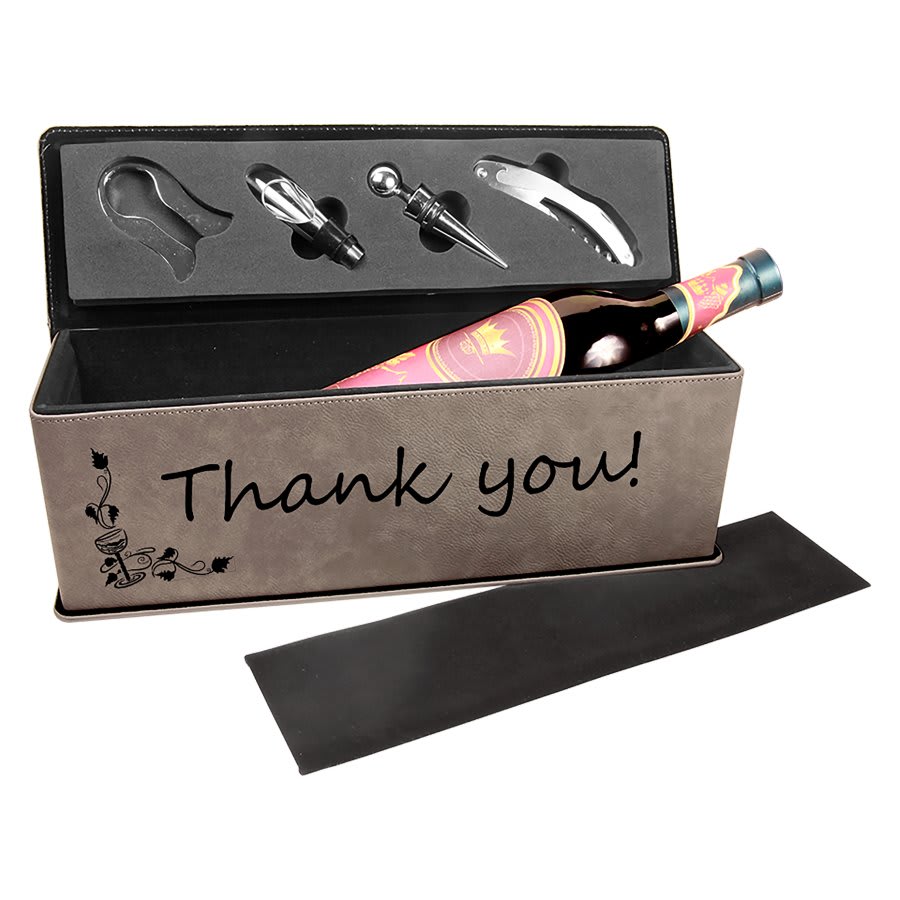 Gray Laserable Leatherette Single Wine Box with Tools