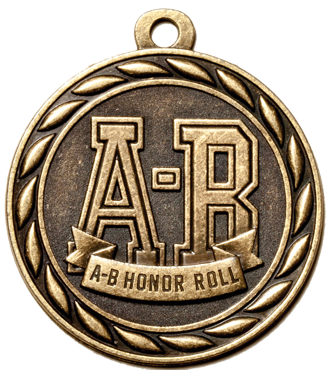 Metal 2-Inch in Diameter Round A-B-Honor Roll Medal with Customizable Back in Antique Brass