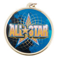 2-1/4 Inch in Diameter Round Multicolored Mylar All Star Medal in Gold and with Customizable Back.