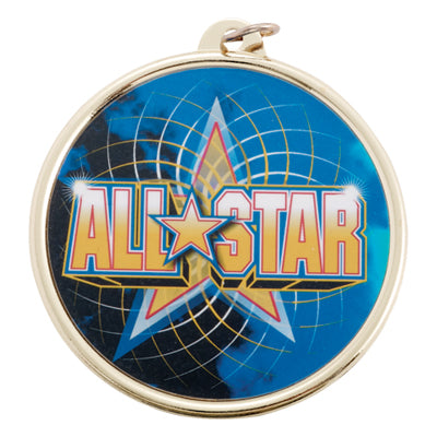 2-1/4 Inch in Diameter Round Multicolored Mylar All Star Medal in Gold and with Customizable Back.
