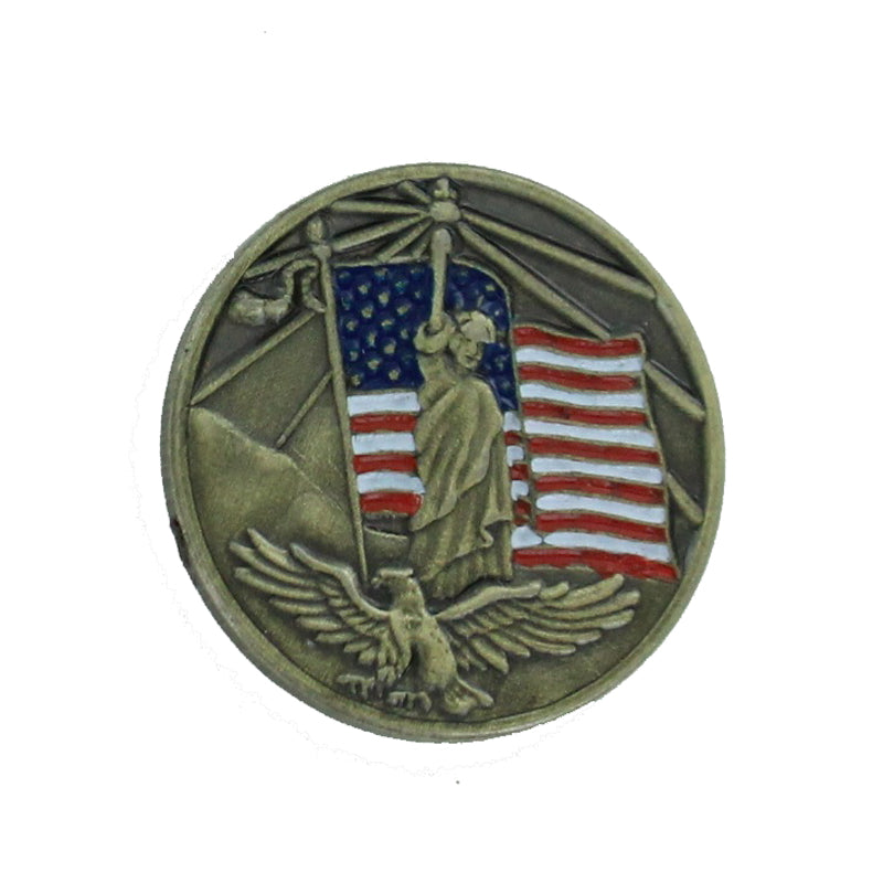 AMERICAN FLAG, STATUE OF LIBERTY & EAGLE BRASS LAPEL PIN