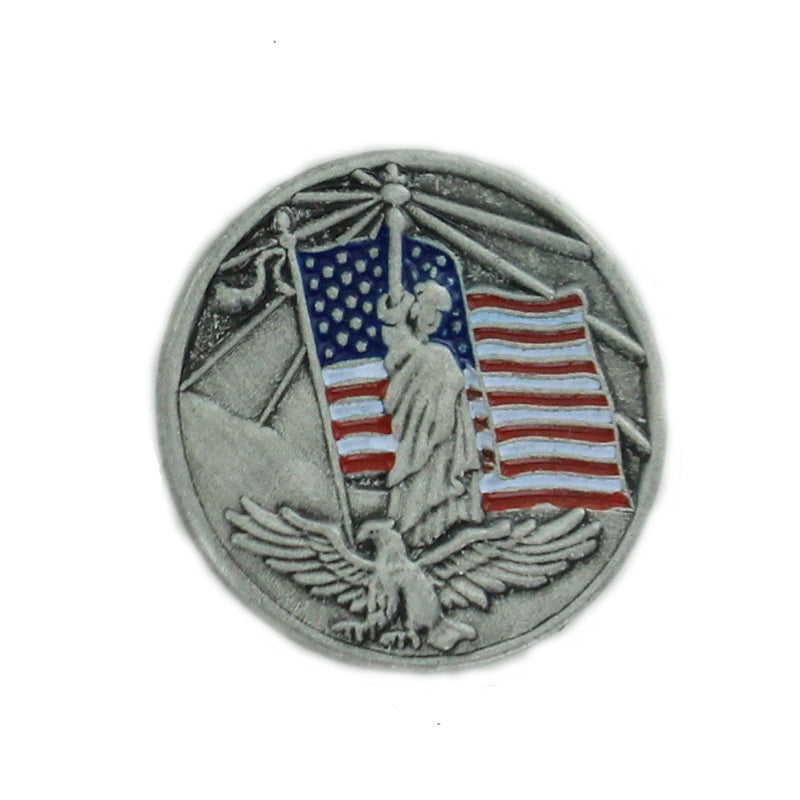 AMERICAN FLAG, STATUE OF LIBERTY & EAGLE PEWTER LAPEL PIN