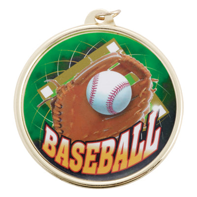 2-1/4 Inch in Diameter Round Mylar and Gold Baseball Themed Sports Medal with Customizable Back