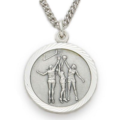 3/4 Inch Womens Basketball Themed St. Christopher Medal in Sterling Silver