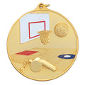 2-1/2 Inch Enameled Die-Cast Basketball Themed Medal in Gold, Silver, or Bronze