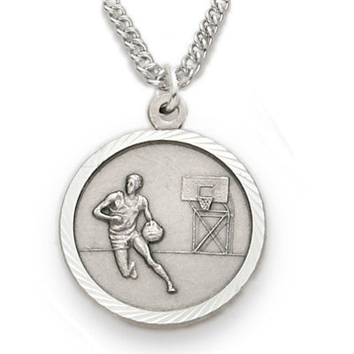3/4 Inch Mens Basketball St. Christopher Medal in Sterling Silver