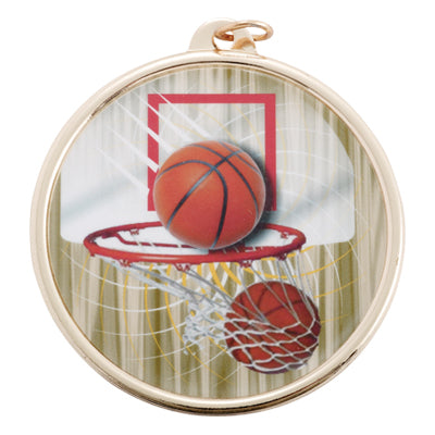2-1/4 Inch in Diameter Round Multicolored Mylar Basketball Themed Gold Medal with Customizable Back