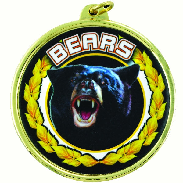 2-1/4 Inch in Diameter Round 'Bears' Sports Medal in Gold and Mylar with Customizable Back