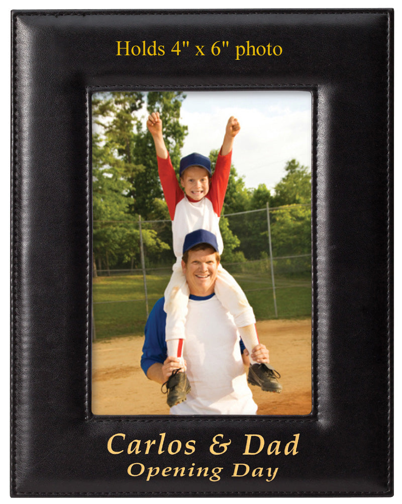 8-1/2 X 6-1/2 INCH BLACK VERTICAL LEATHERETTE PICTURE FRAME, HOLDS 4 INCH X 6 INCH PHOTO