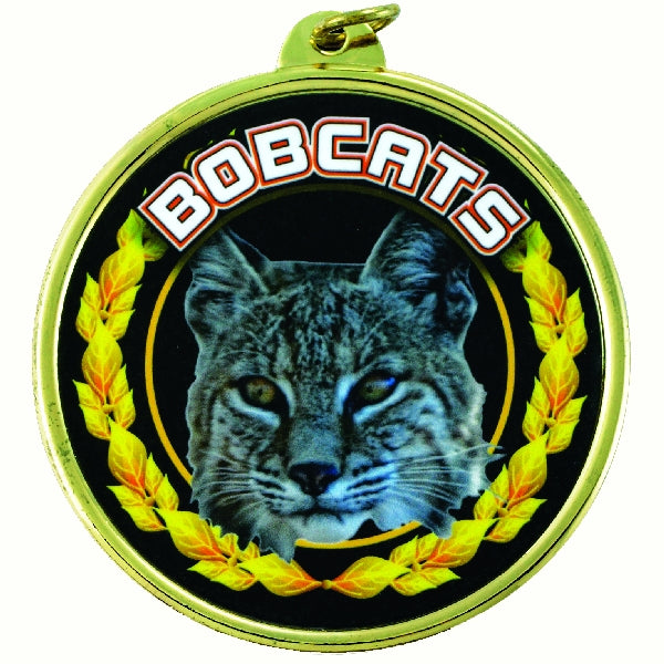 2-1/4 Inch in Diameter Round Gold and Mylar 'Bobcats' Sports Medal with Customizable Back