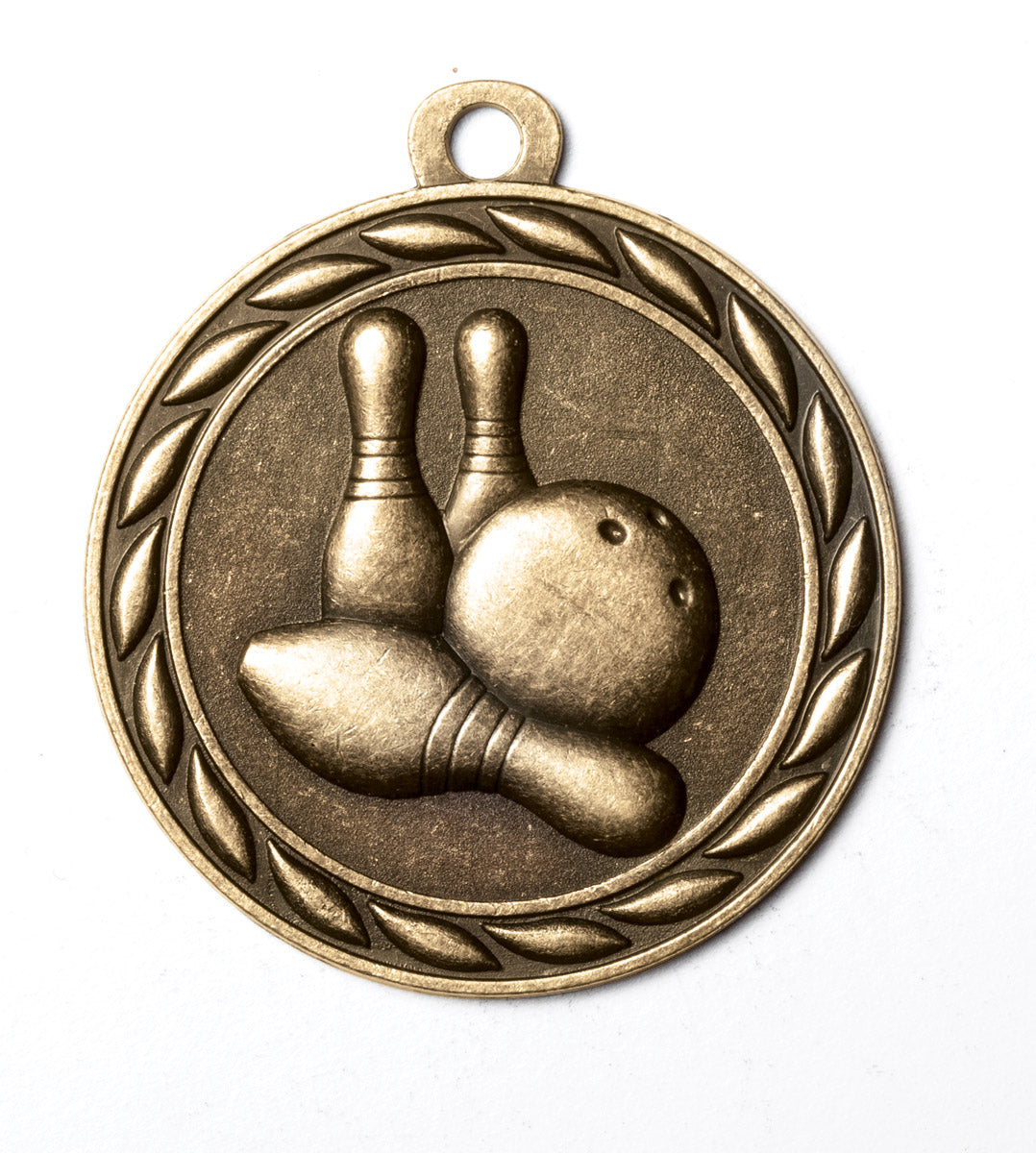 Metal 2-Inch in Diameter Round Bowling Medal with Customizable Back in Antique Brass