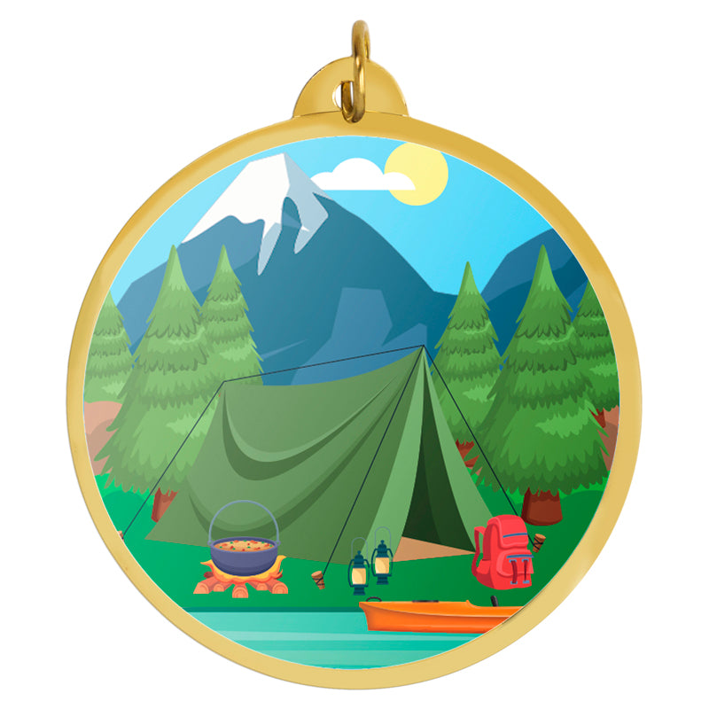 2-1/4 Inch in Diameter Round Camping Medal with Mylar Detailing and Customizable Back